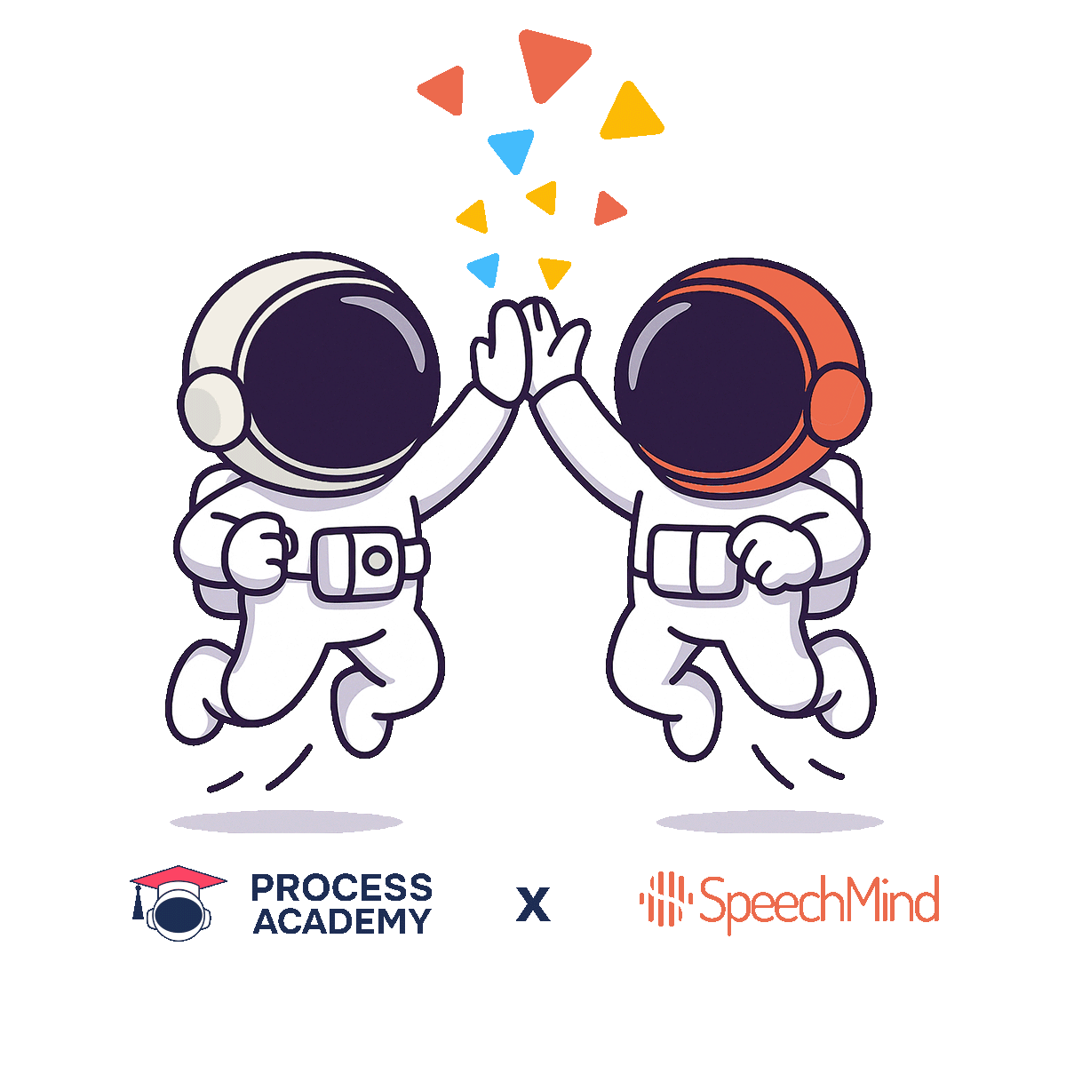 Zwei Astronauten die die Process Academy und Speech Mind repräsentieren, springen in die Luft und geben sich ein High Five